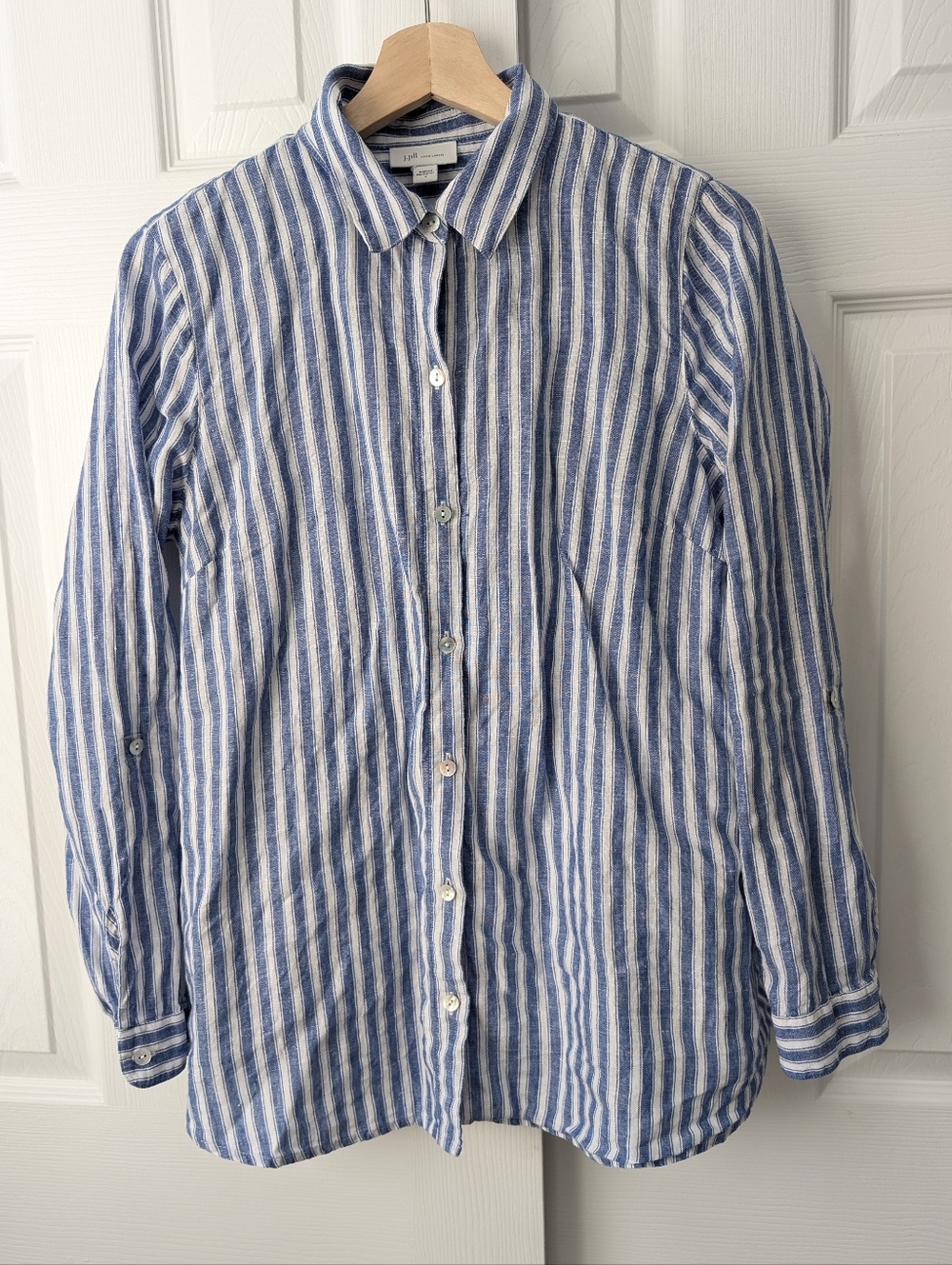J. Jill Love Linen Blue White Striped 100% Linen button down relaxed, size S